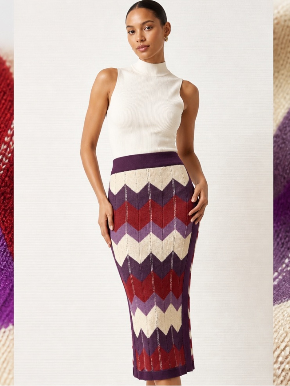 BEBE Skirt Chevron Metallic Split Front Pull On Stretch Purple Red